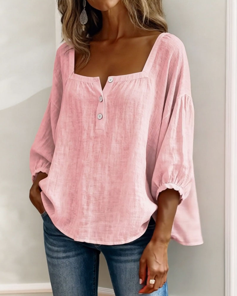 Blouse col carré ample, coloris rose clair, vue de profil