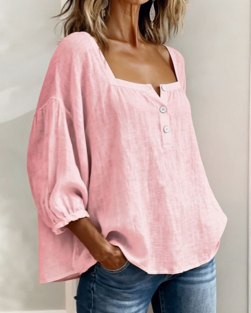 Blouse col carré ample, coloris rose clair, vue de trois quarts