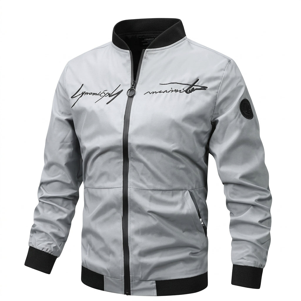 Blouson aviateur gris clair brodé, col et poignets noirs, de face