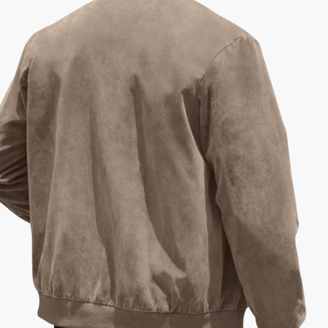 Dos d'un blouson aviateur effet daim taupe, bas en bord-côte