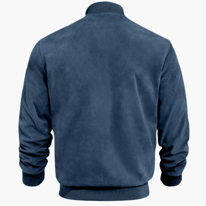 Dos d'un blouson aviateur effet daim bleu