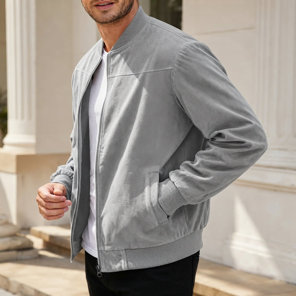 Blouson bomber aspect daim, gris clair