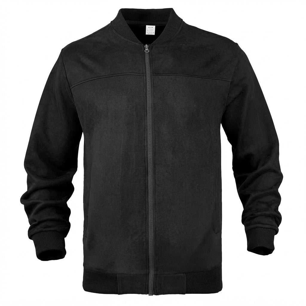 Blouson bomber noir aspect daim zippé, vue de face à plat