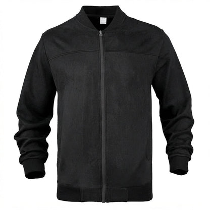 Blouson bomber noir aspect daim zippé, vue de face à plat