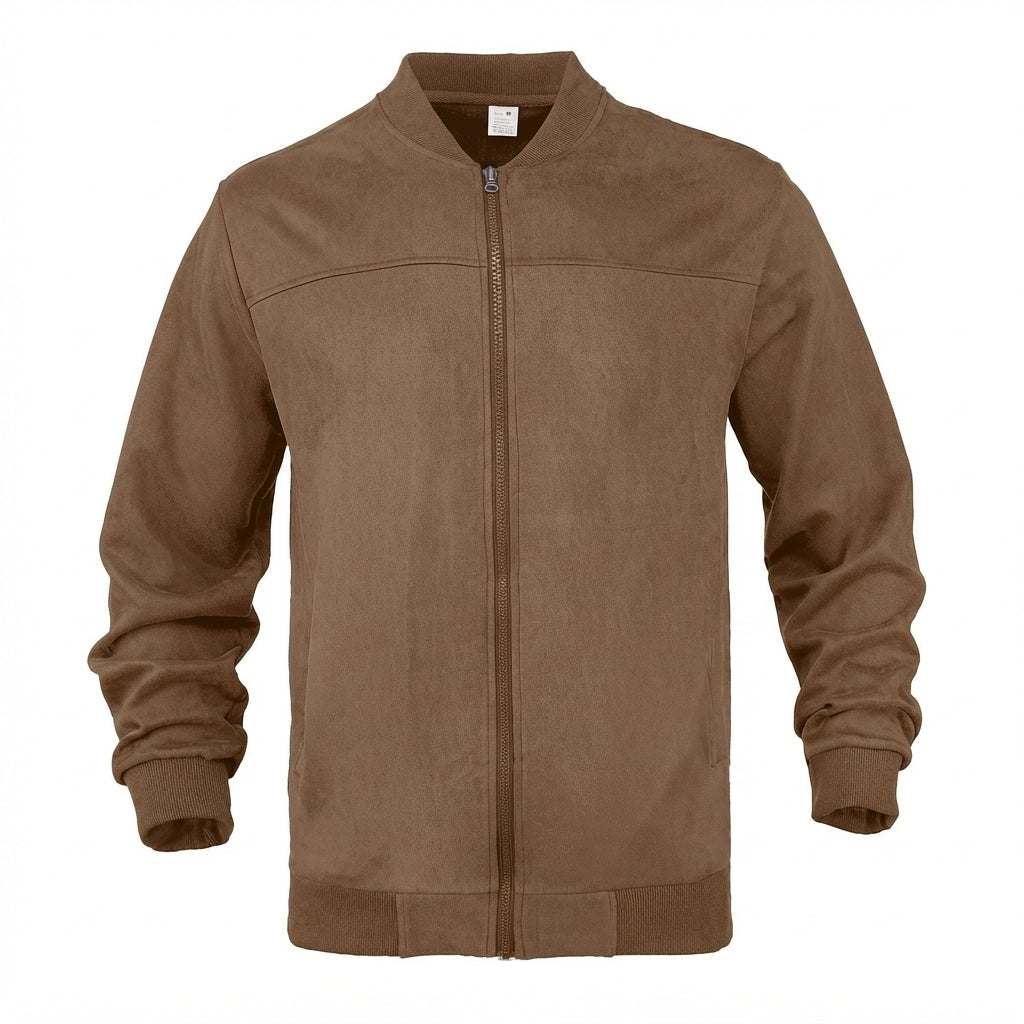 Blouson bomber marron aspect daim zippé, vue de face à plat