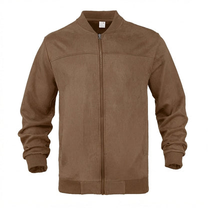Blouson bomber marron aspect daim zippé, vue de face à plat