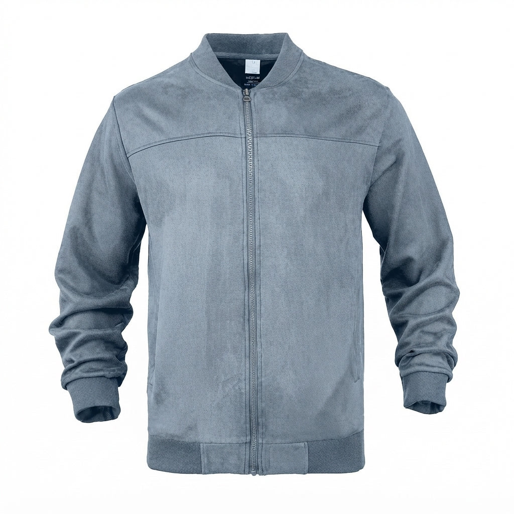 Blouson bomber bleu gris aspect daim zippé, vue de face à plat
