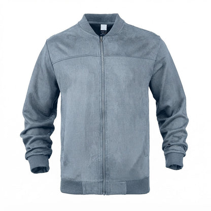 Blouson bomber bleu gris aspect daim zippé, vue de face à plat