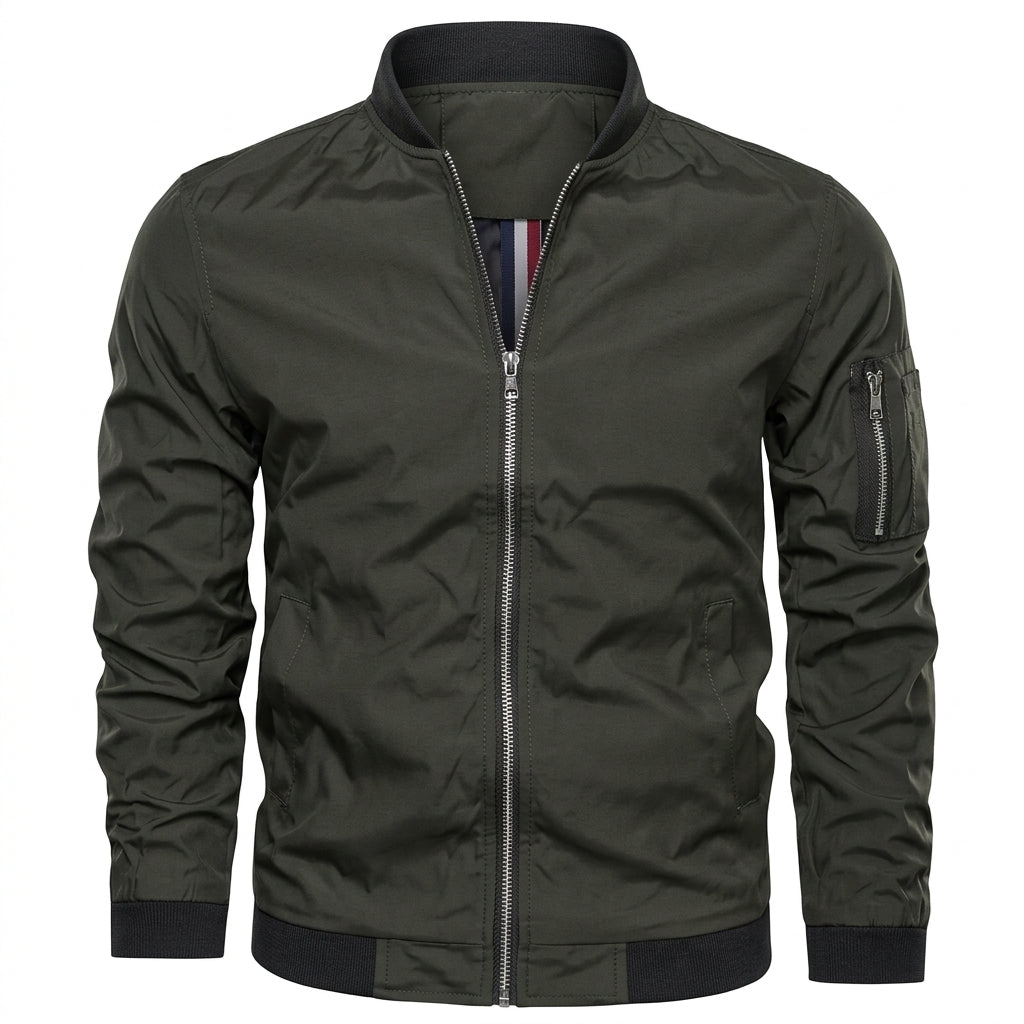 Blouson bomber vert armée, bords côtes noirs, vue de face