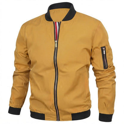 Blouson bomber jaune moutarde, bords côtes noirs