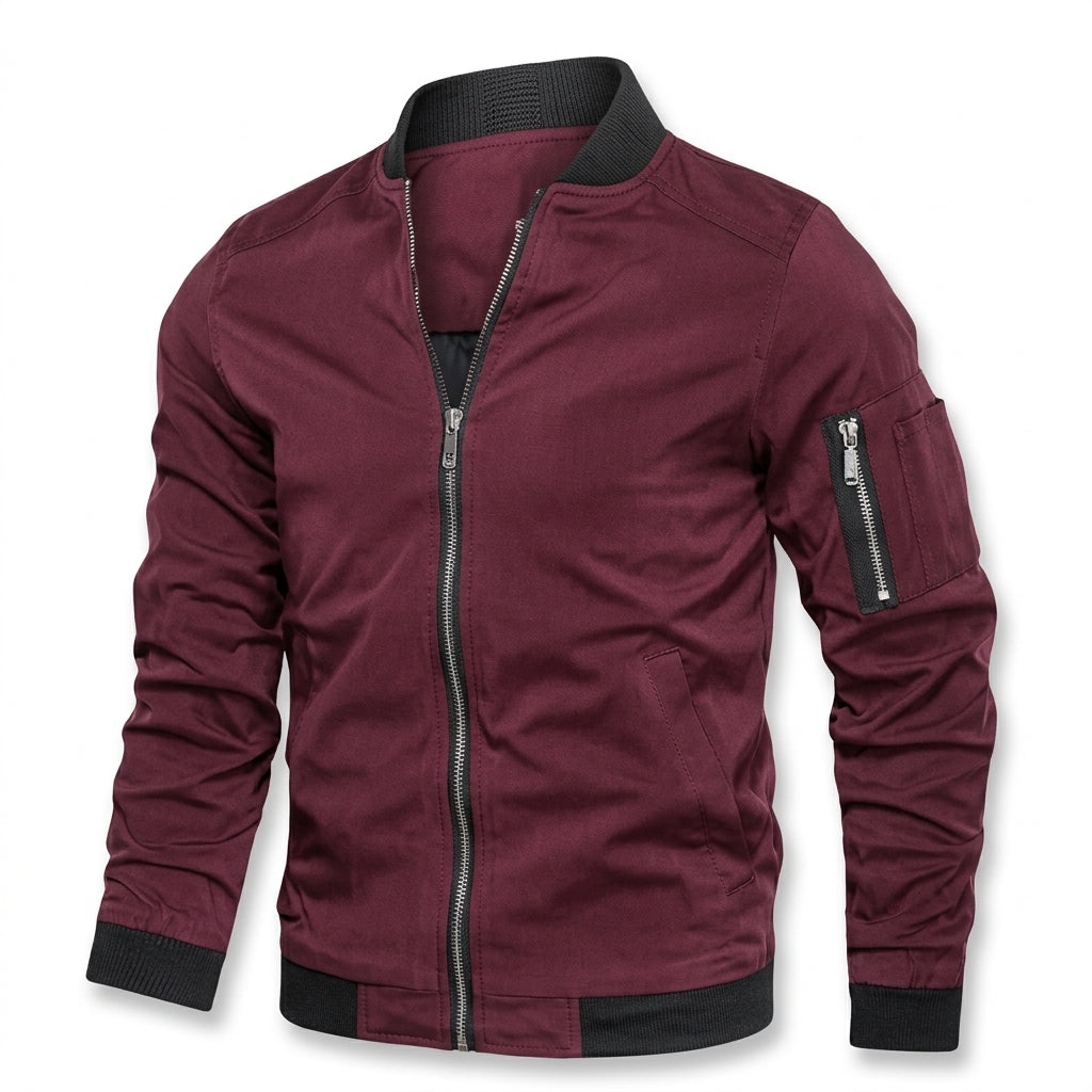 Blouson bomber bordeaux, poche sur la manche, vue de face
