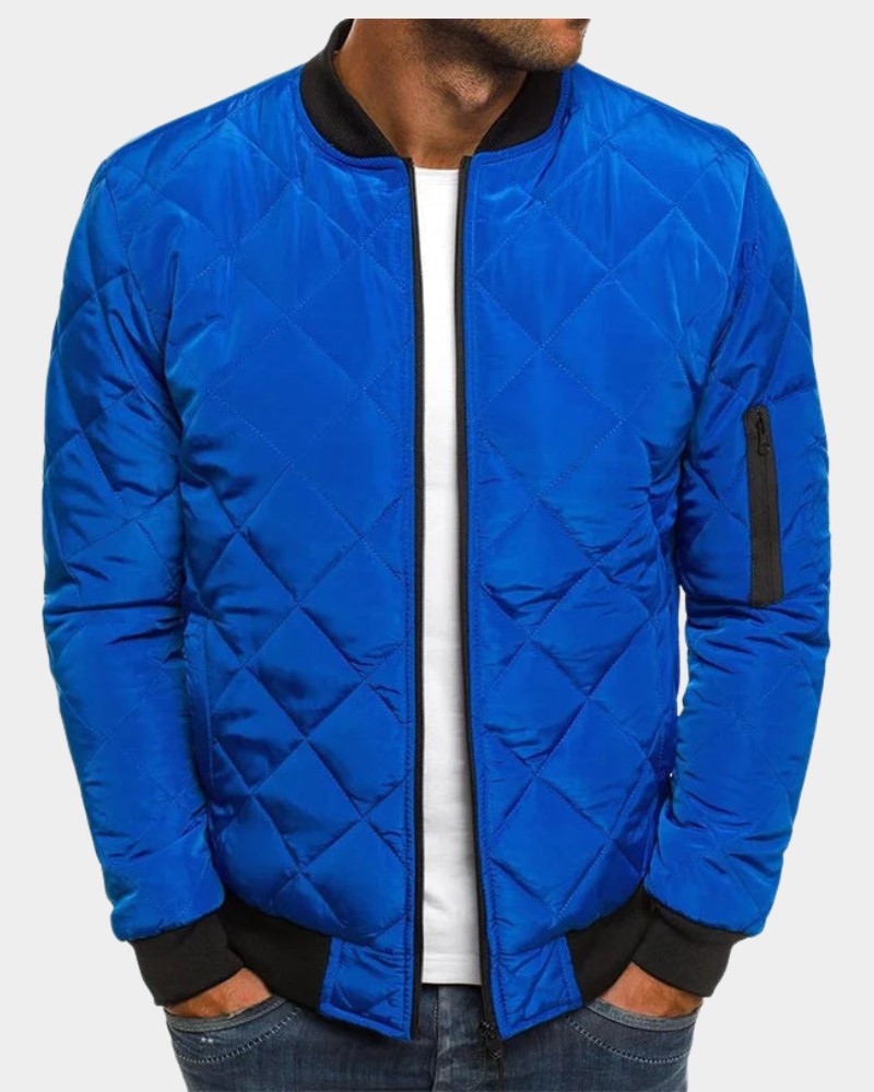 Blouson bomber matelassé, coloris bleu vif, vue de face