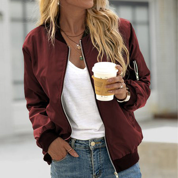 Blouson bomber zippé, coloris bordeaux, vu de face
