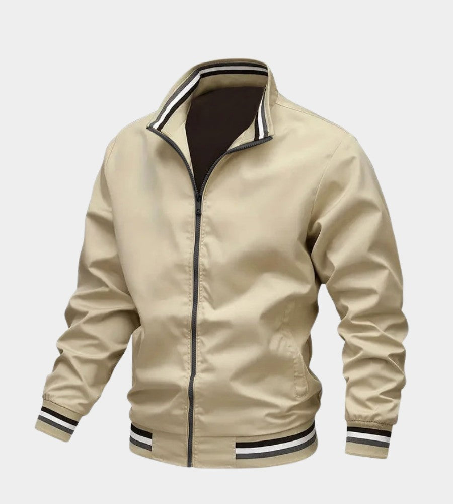 Blouson col montant bords rayés, coloris beige, vue de face