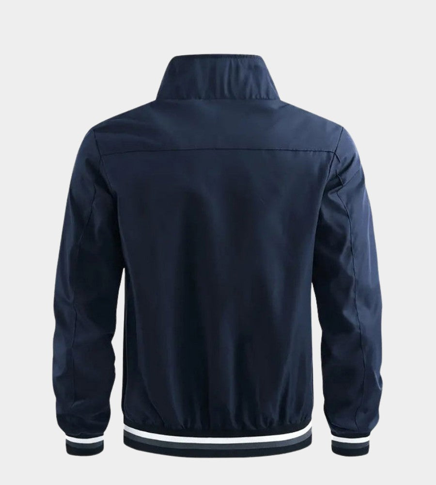 Blouson col montant bords rayés, coloris bleu marine, vue de dos