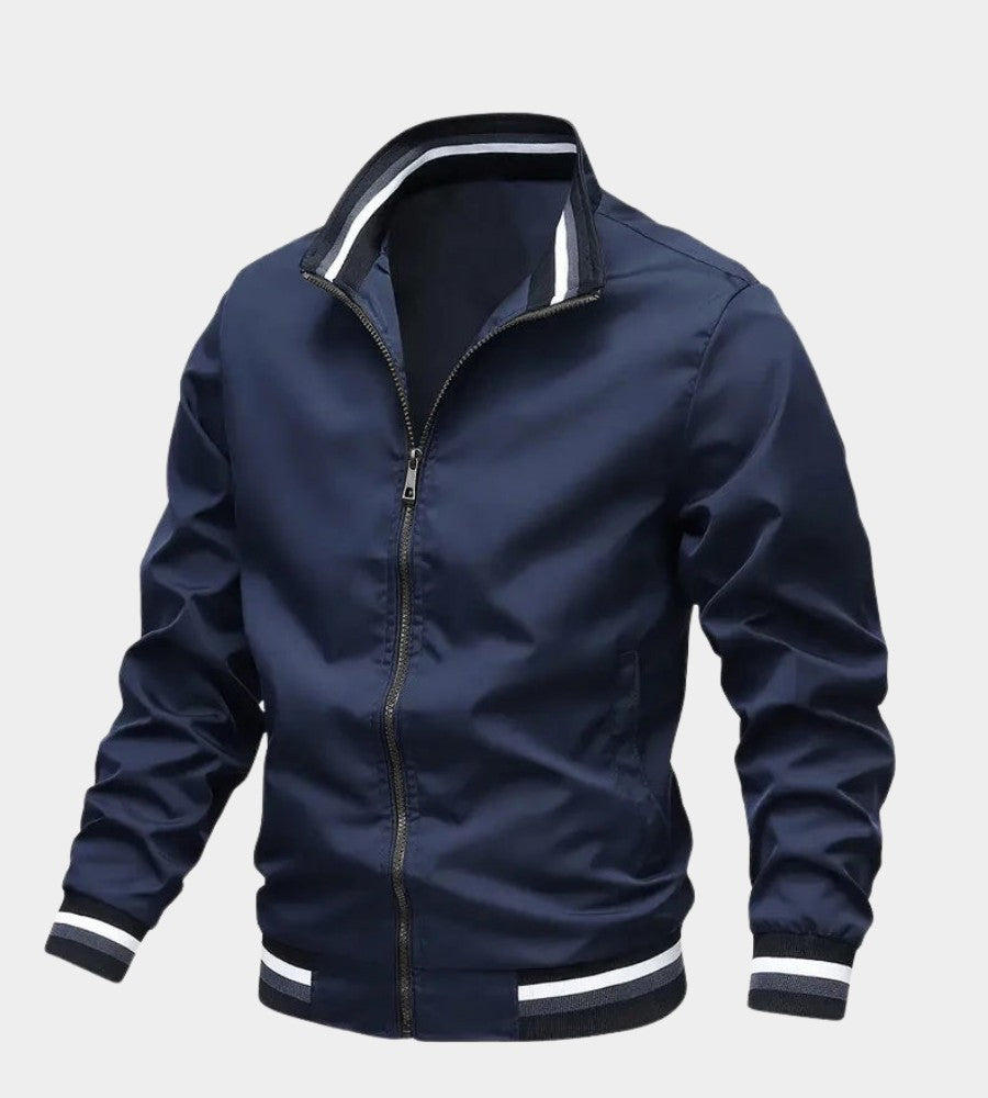 Blouson col montant bords rayés, coloris bleu marine, vue de face