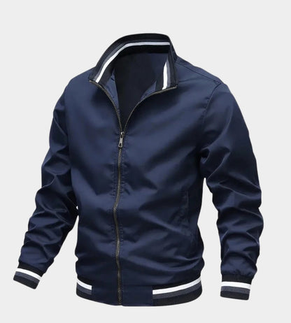 Blouson col montant bords rayés, coloris bleu marine, vue de face