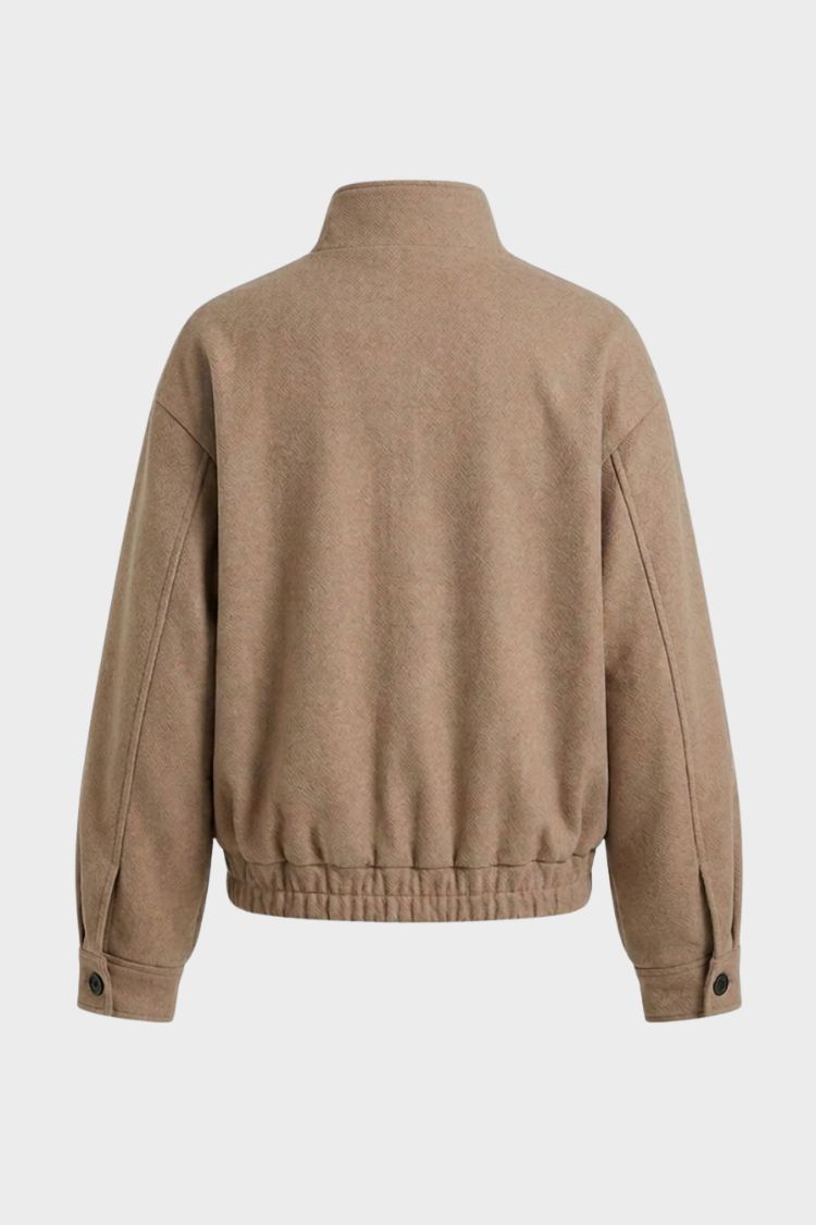 Blouson col montant boutonné, coloris camel, vue de dos