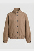 Blouson col montant boutonné, coloris camel, présenté à plat