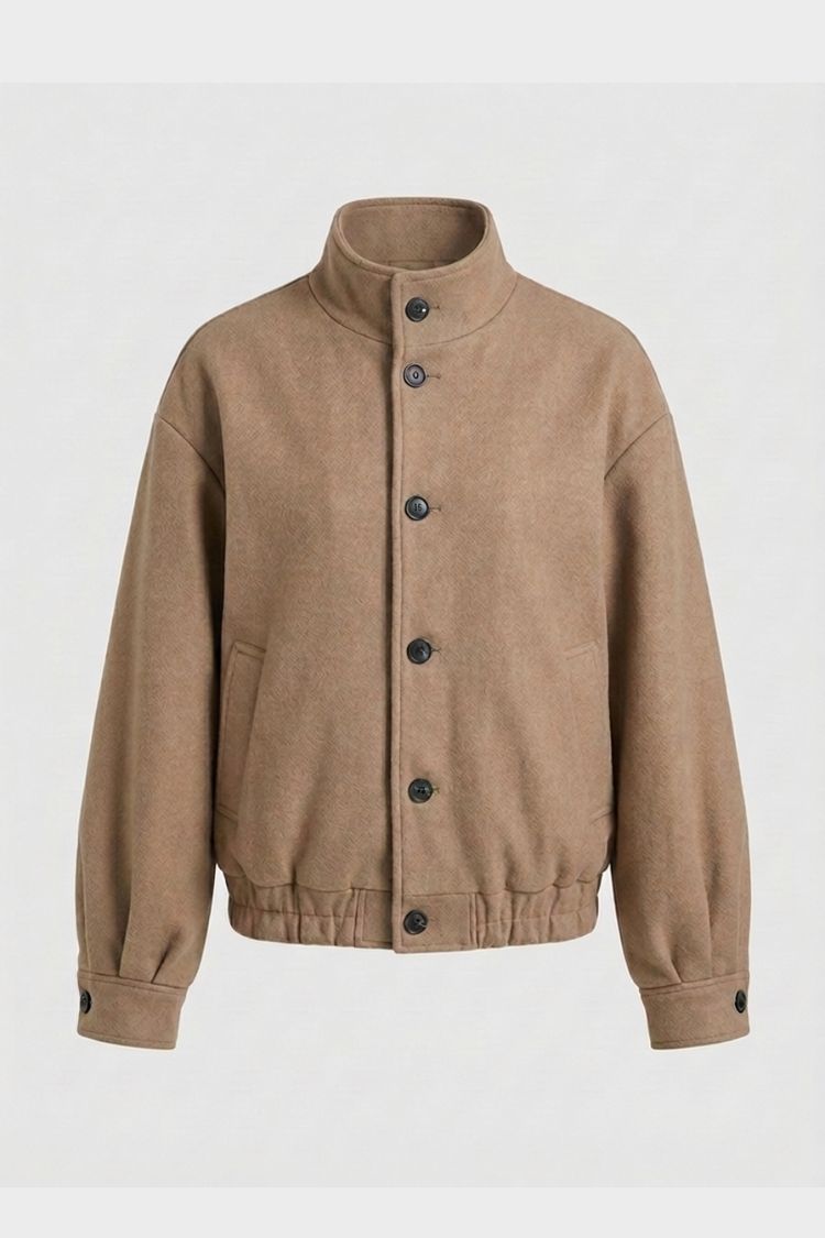 Blouson col montant boutonné, coloris camel, présenté à plat