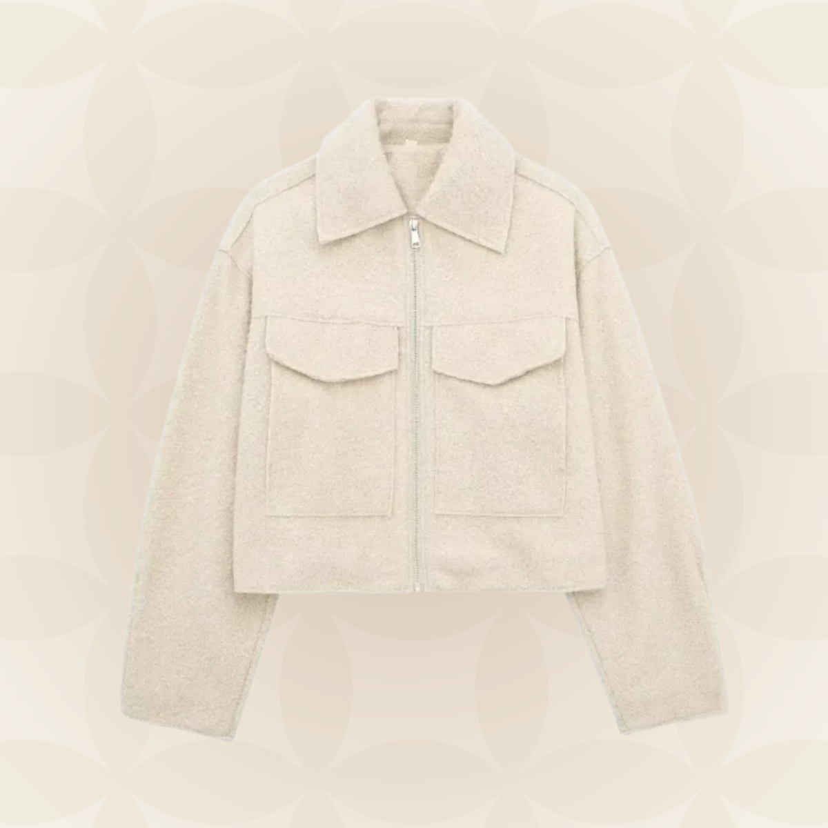 Blouson court col revers, coloris crème, présenté à plat