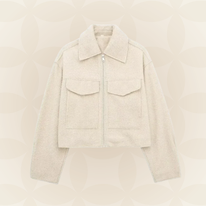 Blouson court col revers, coloris crème, présenté à plat
