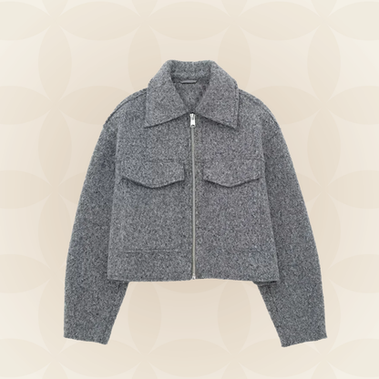 Blouson court col revers, coloris gris foncé, présenté à plat