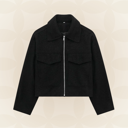 Blouson court col revers, coloris noir, présenté à plat