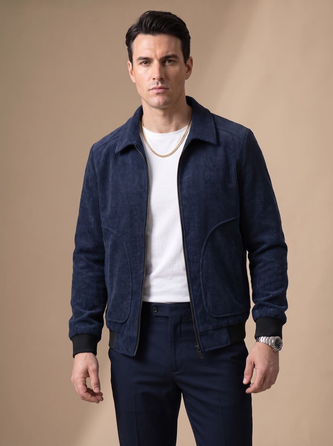 Blouson en velours côtelé bleu marine porté avec un pantalon