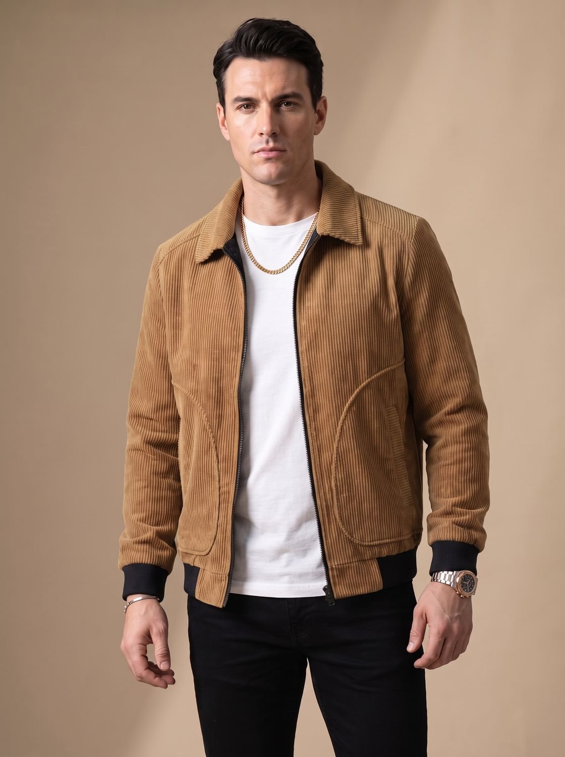 Blouson en velours côtelé kaki porté avec un jean noir