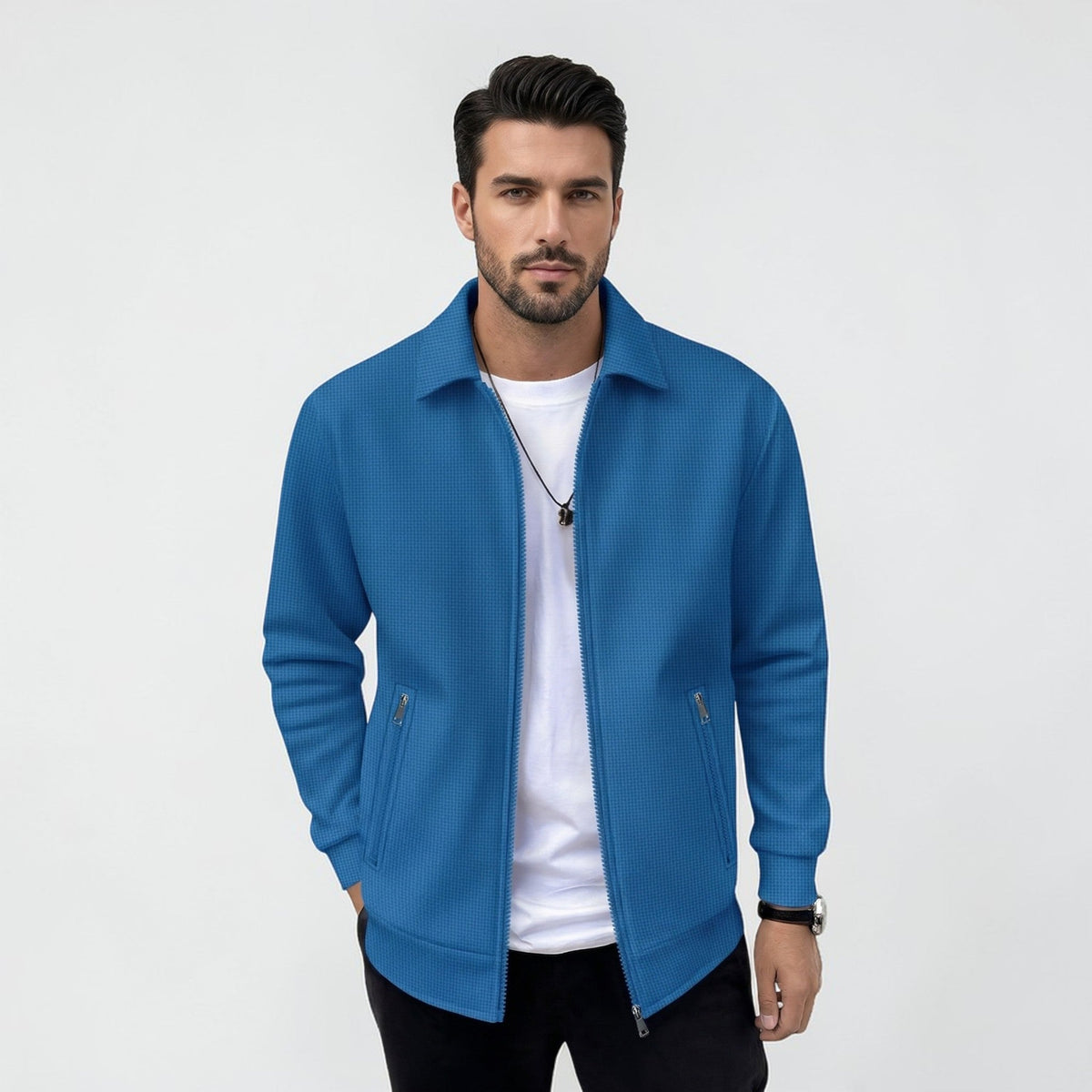 Blouson léger col chemise, coloris bleu vif, vue de face