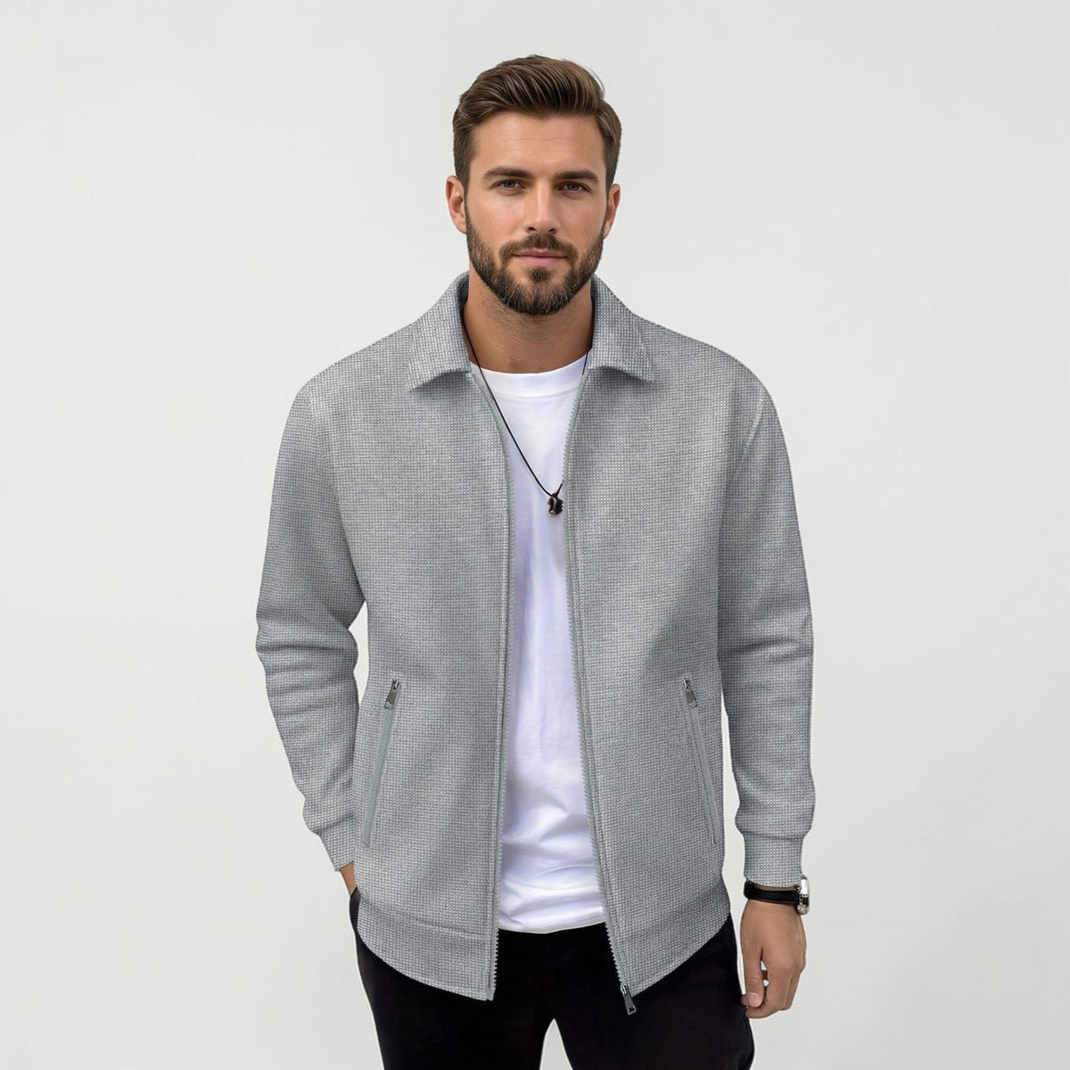 Blouson léger col chemise, coloris gris clair, vue de face