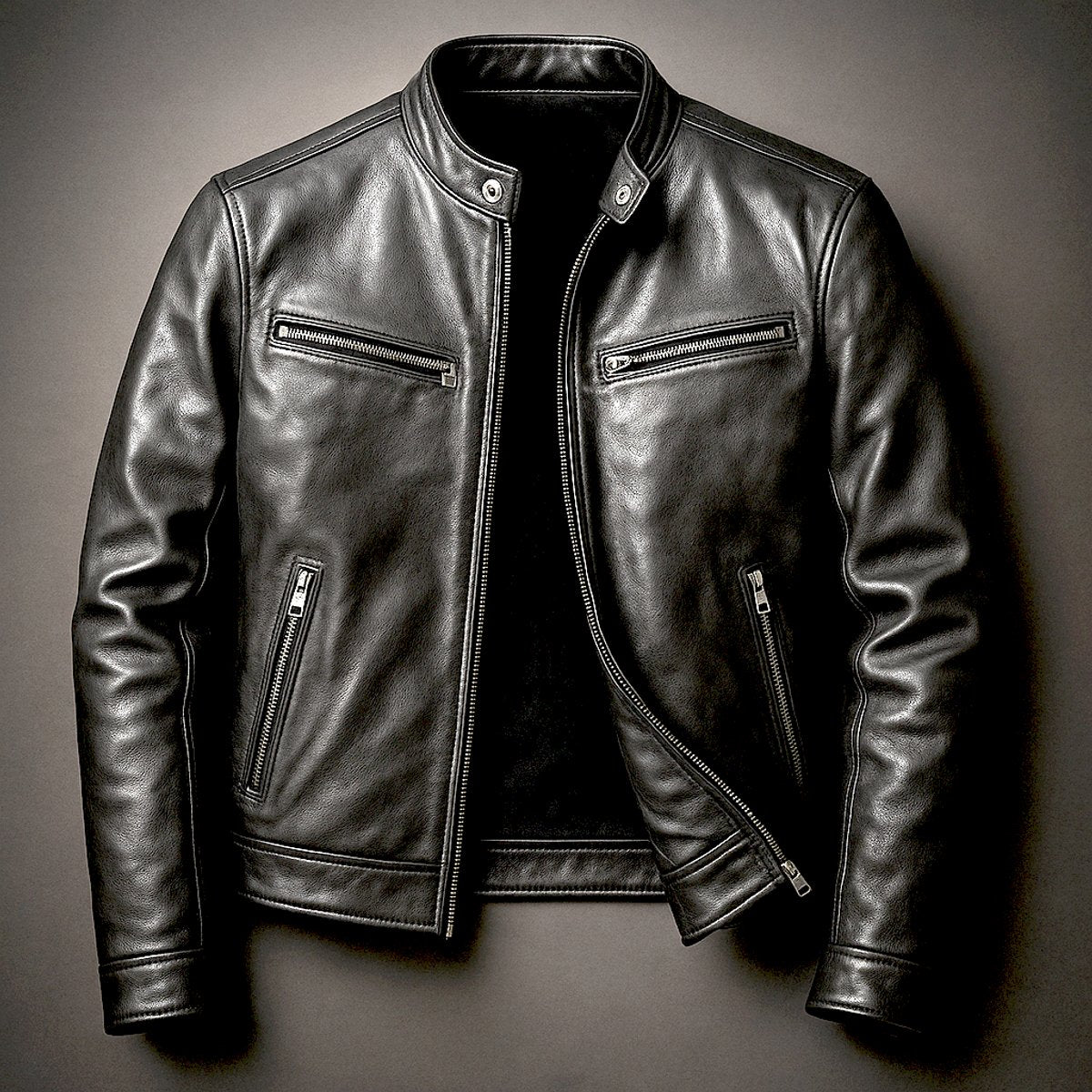 Blouson motard noir à col officier, vue de face à plat