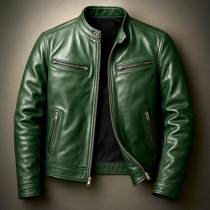 Blouson motard vert sapin à col officier, vue de face à plat