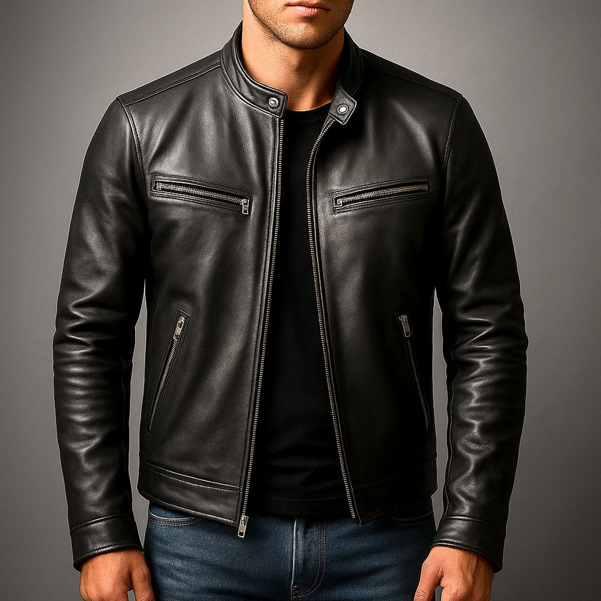 Blouson motard noir porté sur un t-shirt et un jean