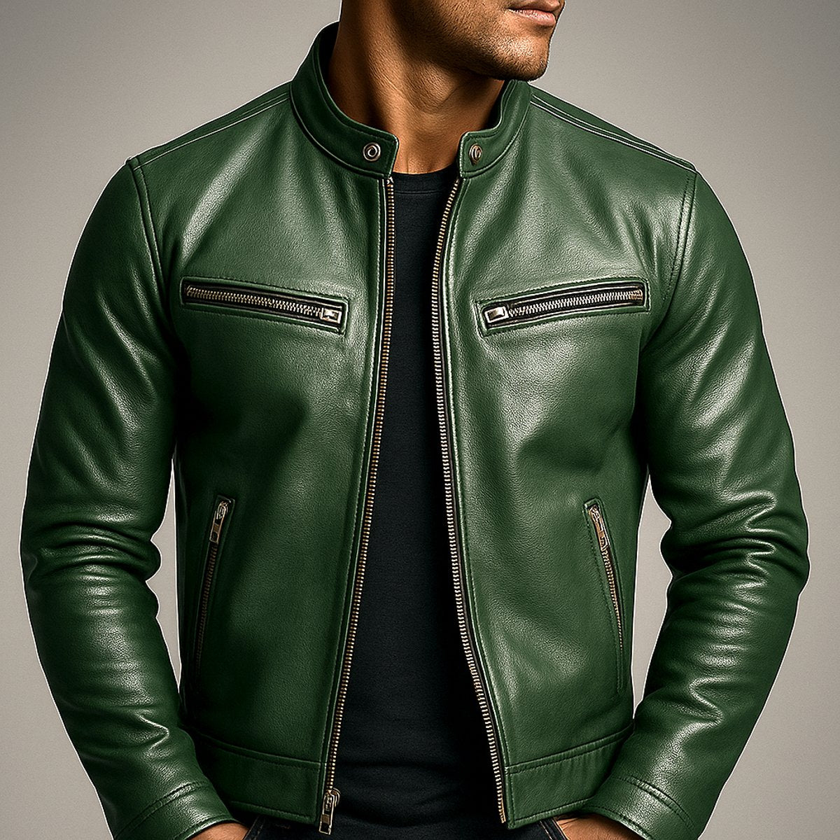 Blouson motard vert sapin porté sur un t-shirt