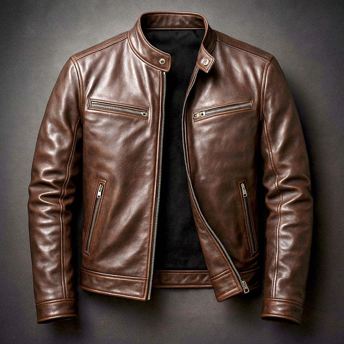 Blouson motard marron cigare à col officier, vue de face à plat