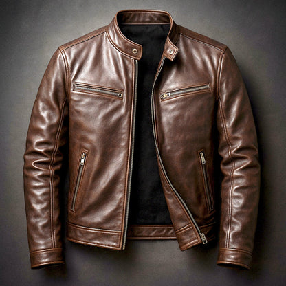 Blouson motard marron cigare à col officier, vue de face à plat