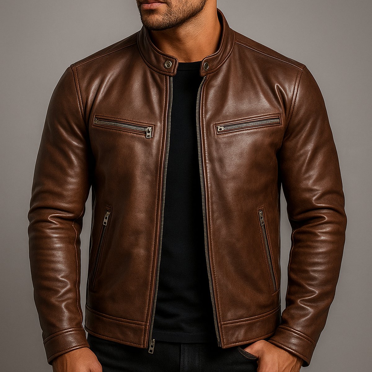 Blouson motard marron cigare porté sur un t-shirt
