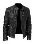 Blouson motard en similicuir noir pour homme, col officier, ouvert, de face