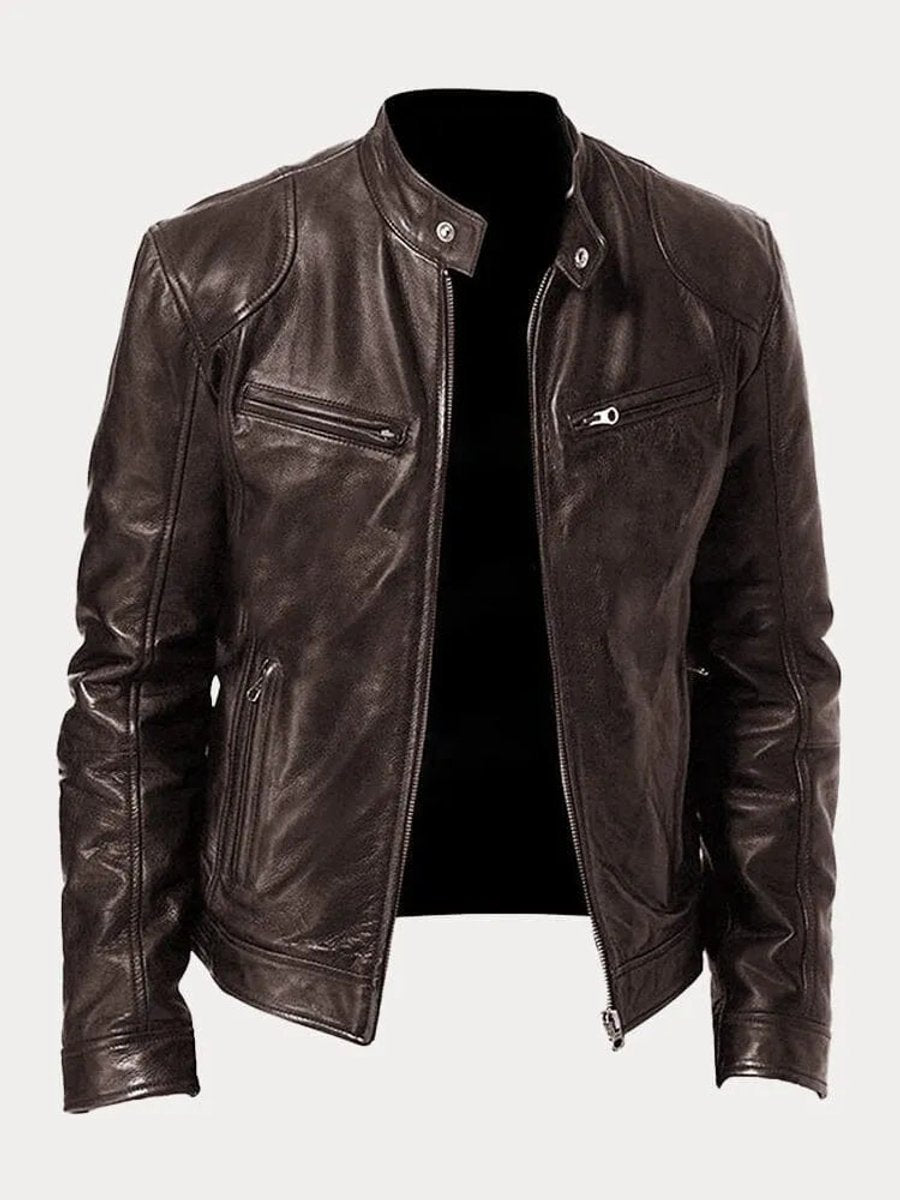 Blouson motard en similicuir marron pour homme, vue de face