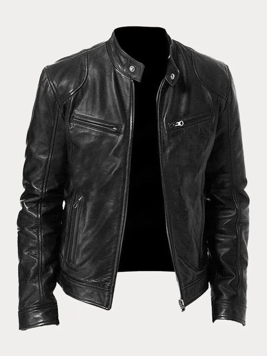 Blouson motard en similicuir noir pour homme, poches de poitrine