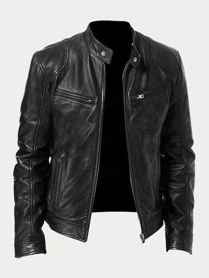 Blouson motard en similicuir noir pour homme, poches de poitrine