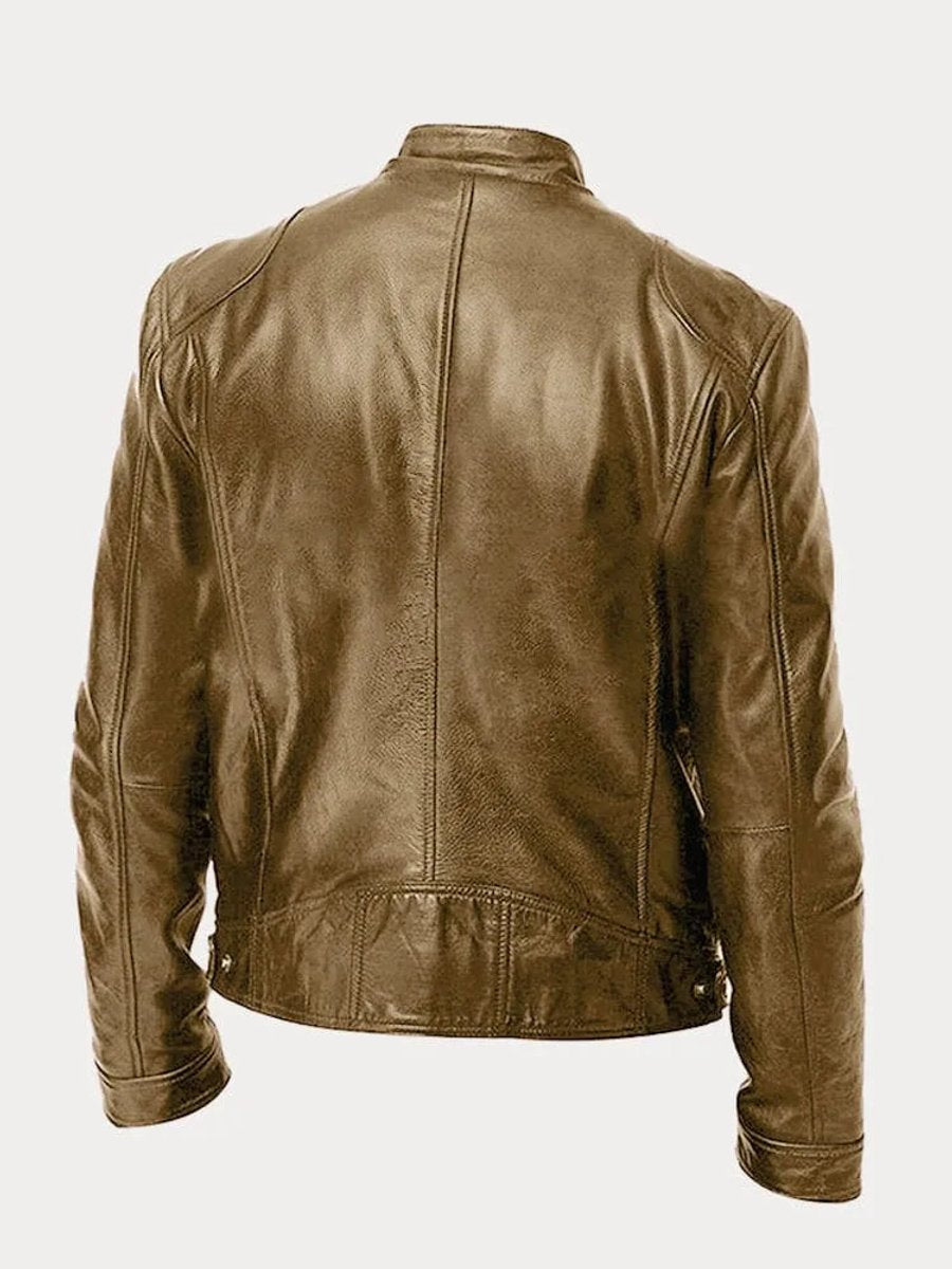 Blouson motard en similicuir kaki, vue de dos