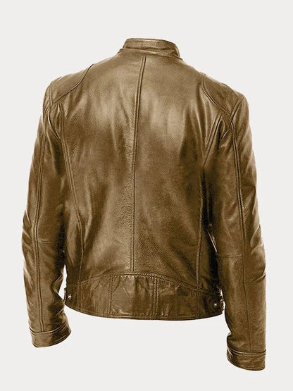 Blouson motard en similicuir kaki, vue de dos