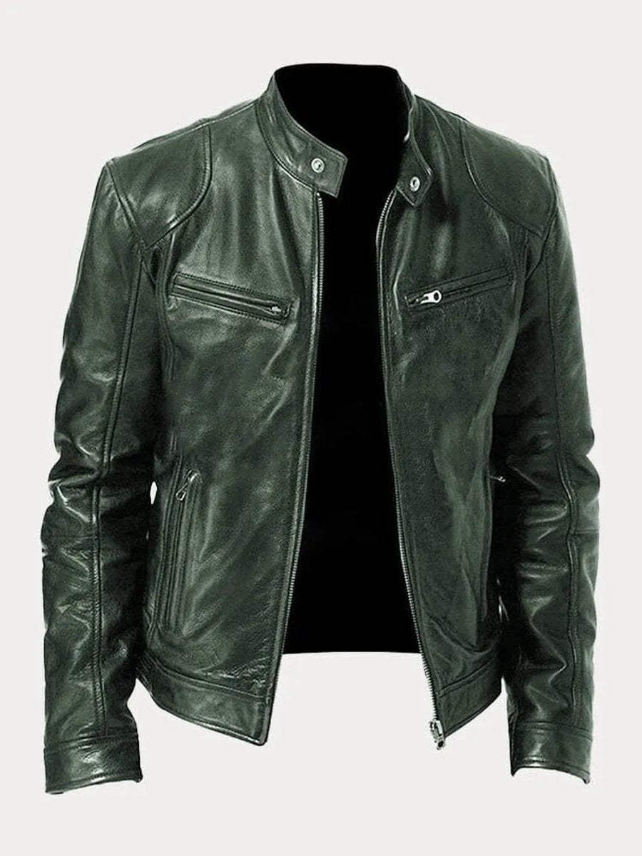 Blouson motard en similicuir vert militaire pour homme, de face
