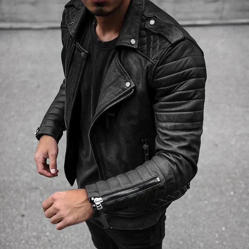 Blouson motard zippé pour homme, noir, porté sur un tee-shirt