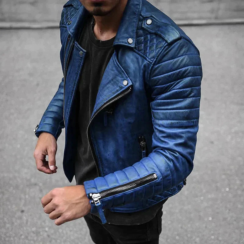 Blouson motard zippé pour homme, bleu, manches nervurées