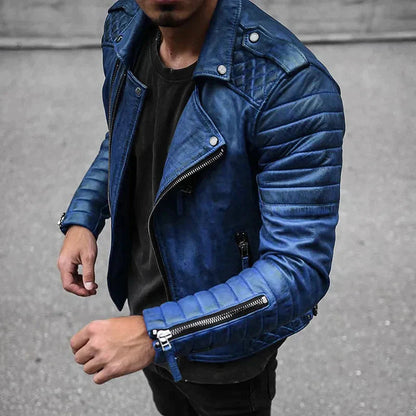 Blouson motard zippé pour homme, bleu, manches nervurées