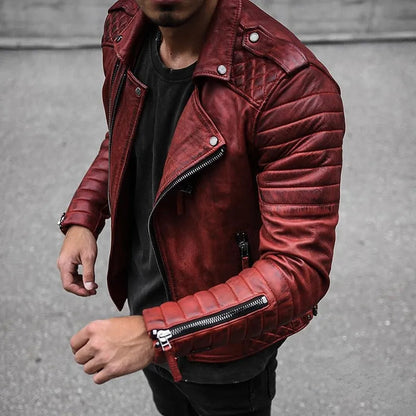 Blouson motard zippé pour homme, rouge, poignets zippés